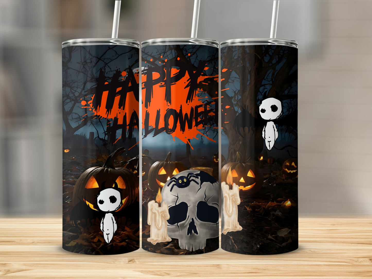 Spooky Happy Halloween Scene With Ghost Tumbler