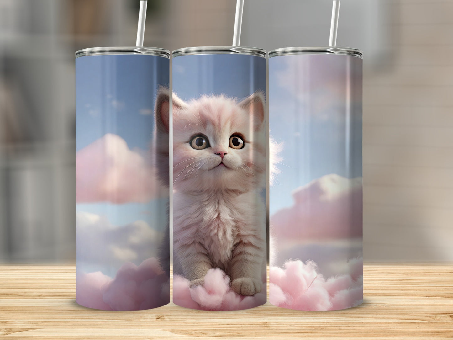 Fluffy pink kitten sitting in clouds on a skinny tumbler.