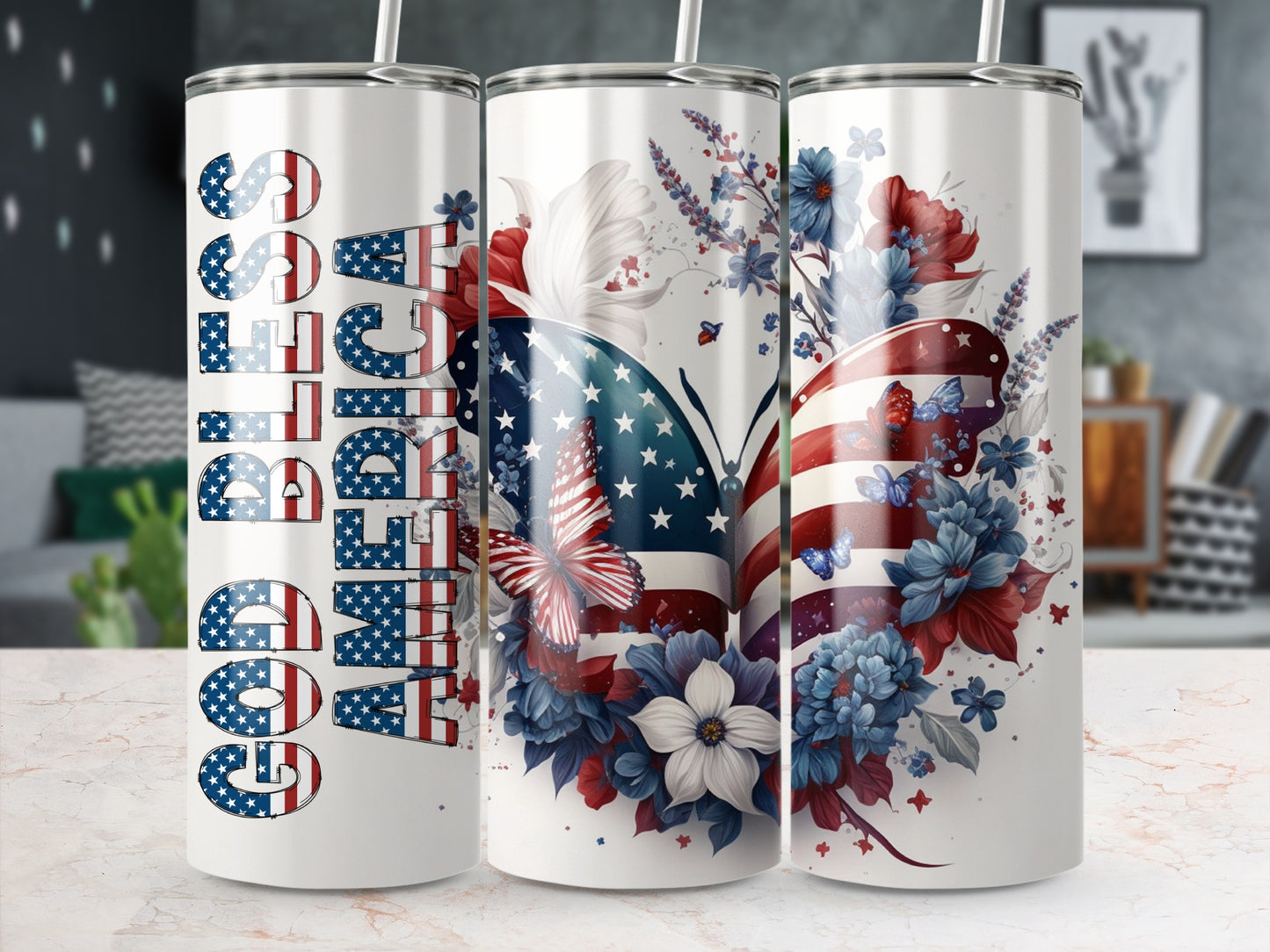 Tumbler with "God Bless America" and patriotic floral butterfly design.