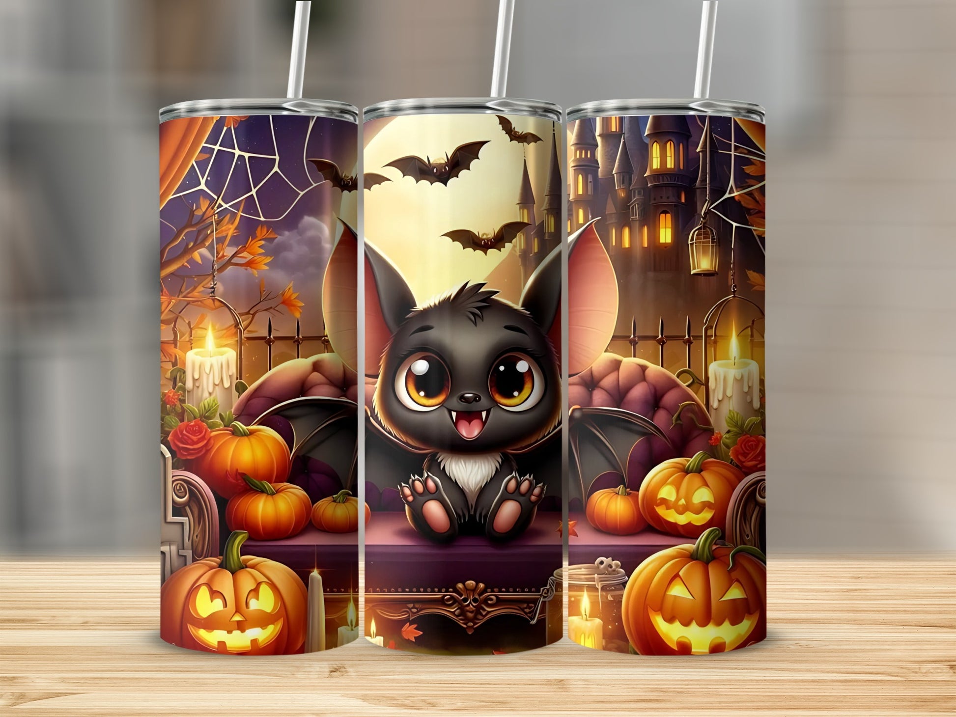 Three tumblers with a Halloween theme featuring a cute bat, pumpkins, and a castle.