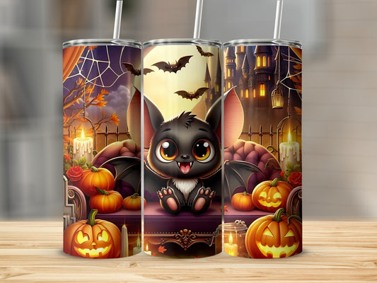 Three tumblers with a Halloween theme featuring a cute bat, pumpkins, and a castle.