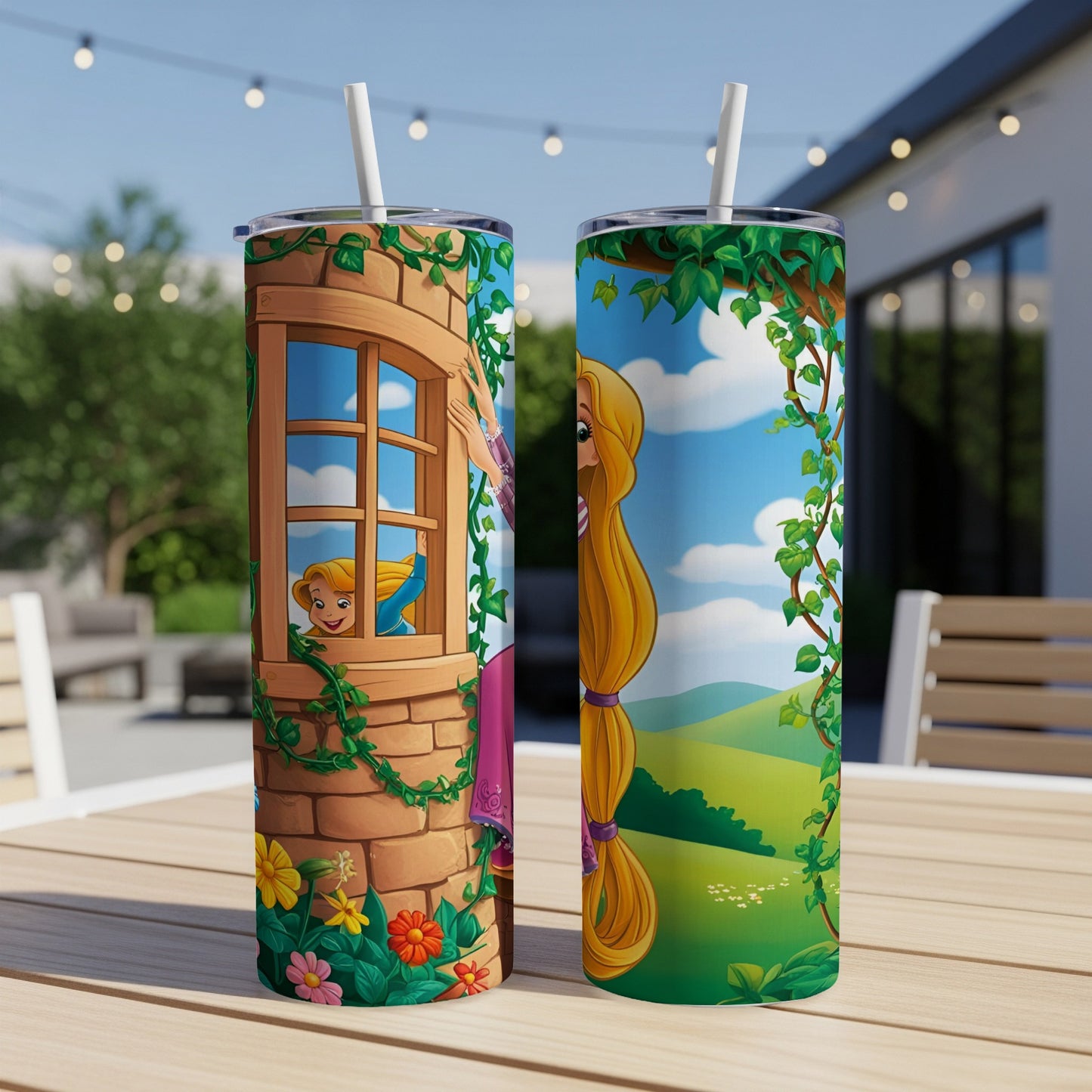 Rapunzel peeks from a tower window on a green and blue patterned tumbler.