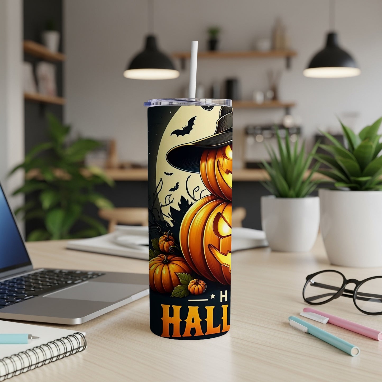 Halloween tumbler with jack-o'-lanterns, witch hat, bats, and text "Happy Halloween".