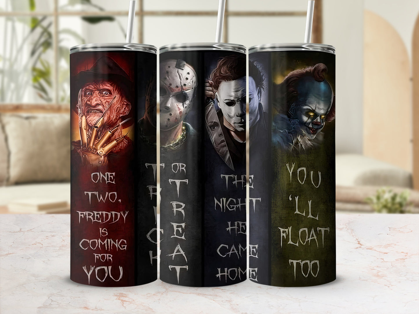 Three tumblers featuring Freddy Krueger, Michael Myers, and Pennywise with text.