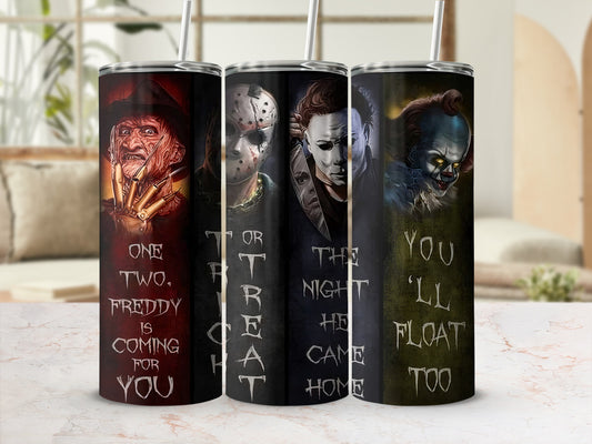 Three tumblers featuring Freddy Krueger, Michael Myers, and Pennywise with text.