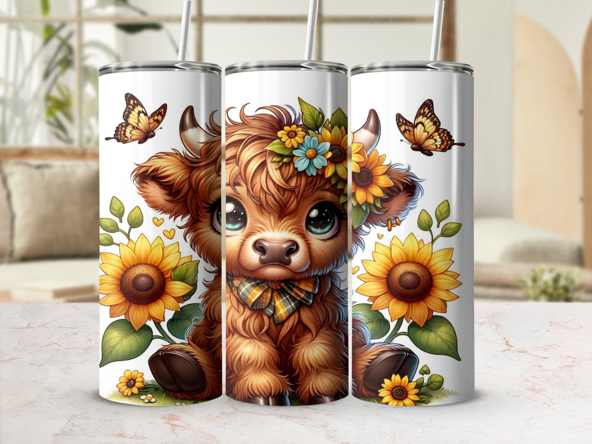 Adorable Highland Cow with Sunflowers and Butterflies Tumbler