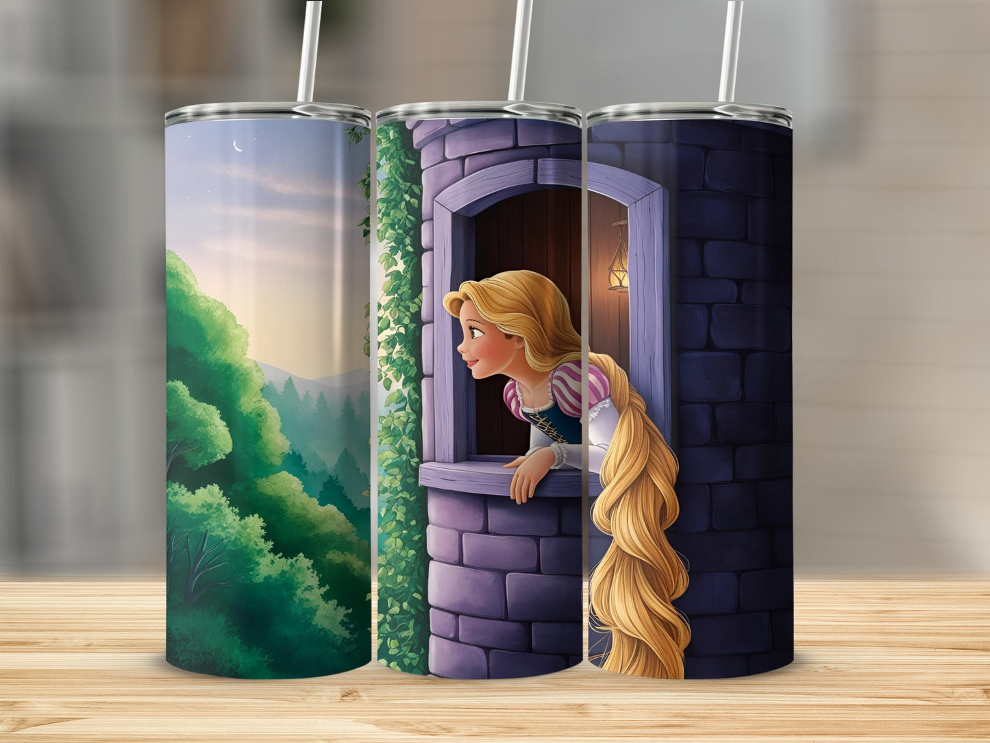 Rapunzel peers from a tower window with long blonde hair and a wooded landscape.