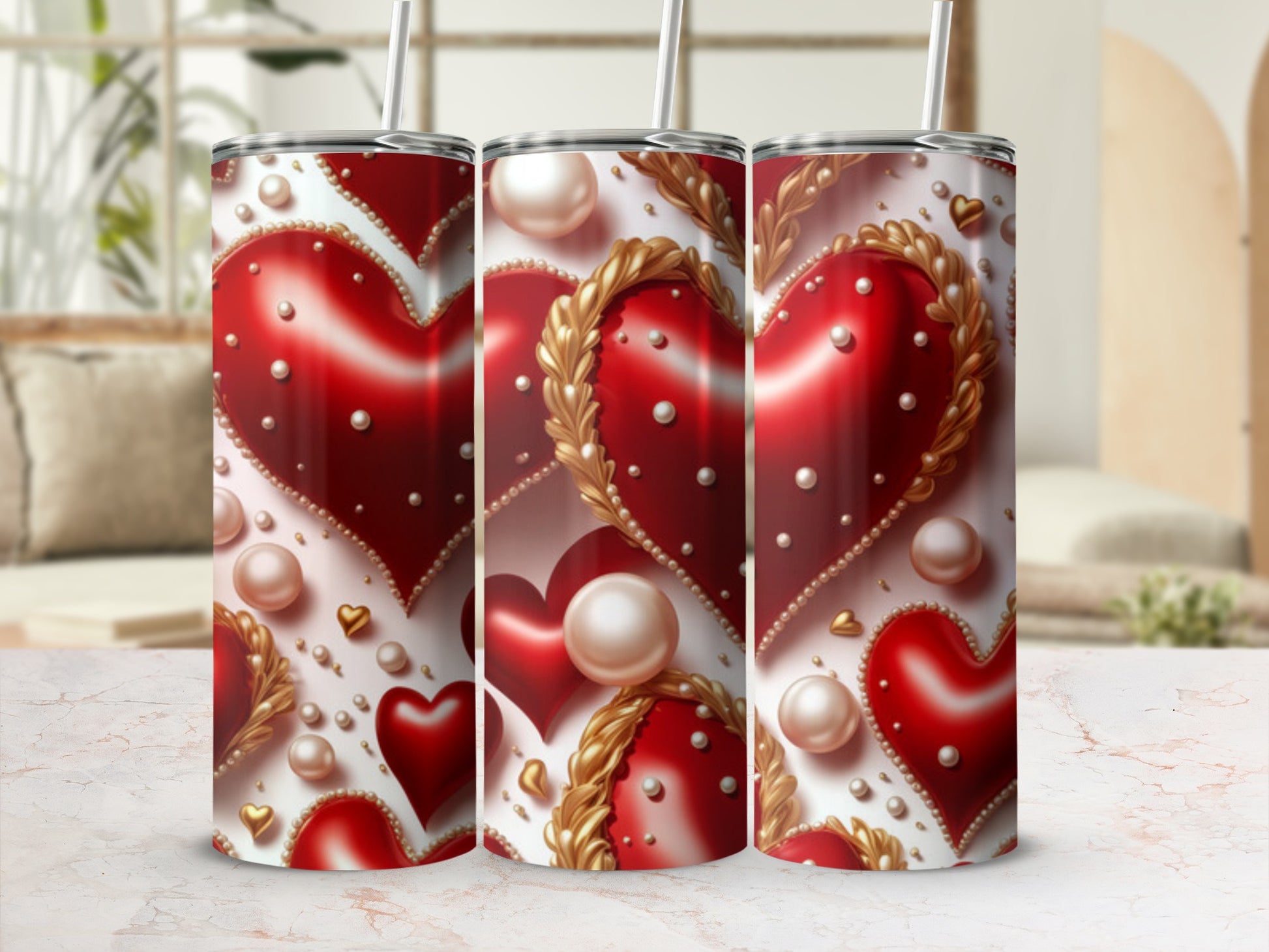 Red hearts with gold trim and pearls on a patterned tumbler.