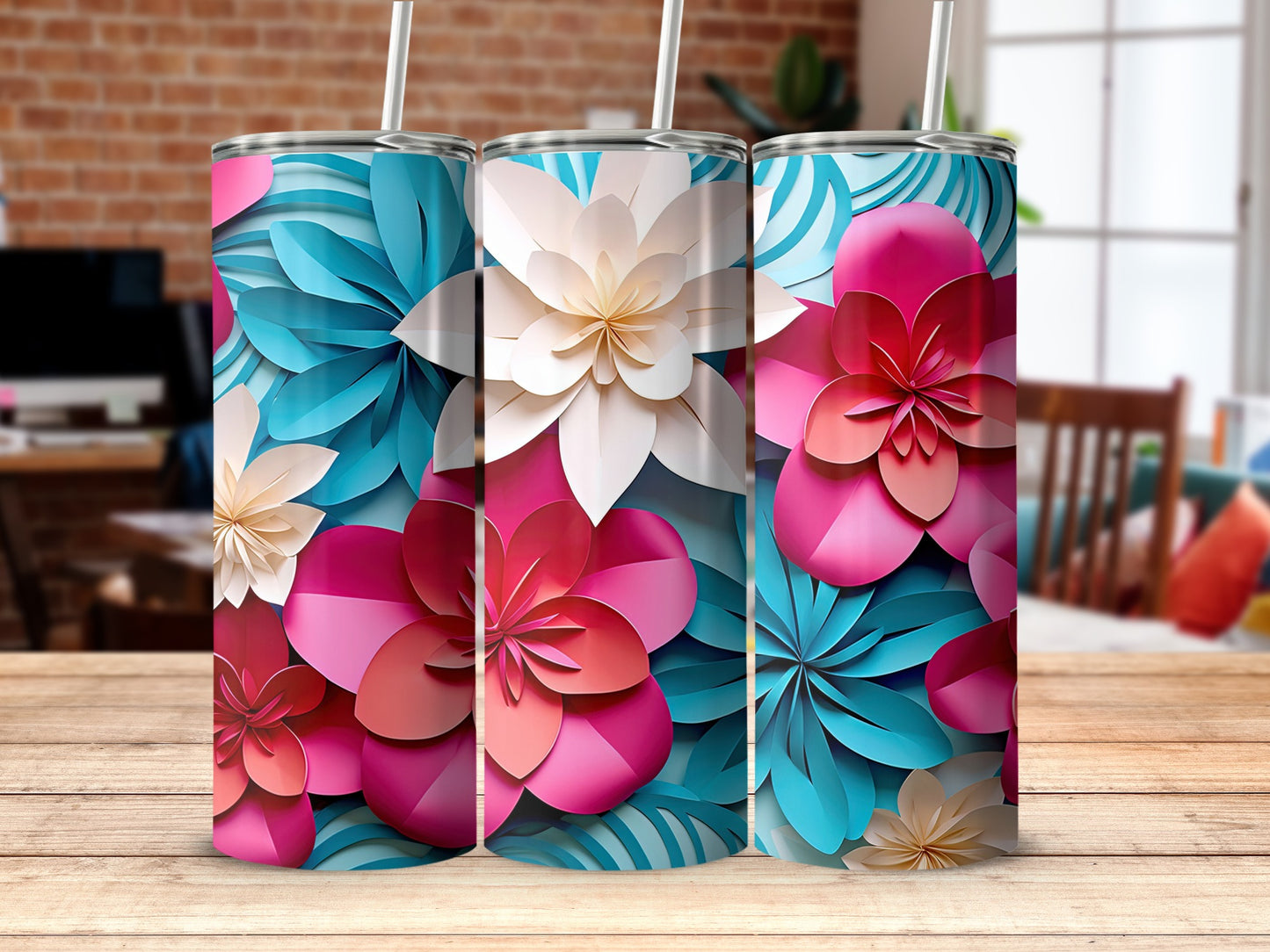 Colorful 3D Flower Design Stainless Steel Tumbler