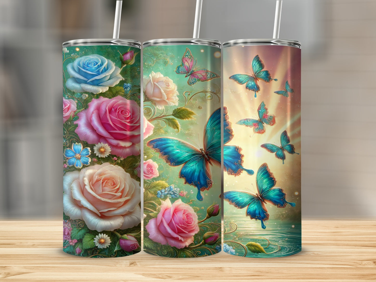 Colorful Floral and Butterfly Designs Tumbler Cups