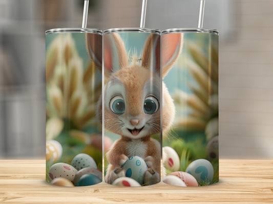 Cute bunny holding an Easter egg on a wooden surface.
