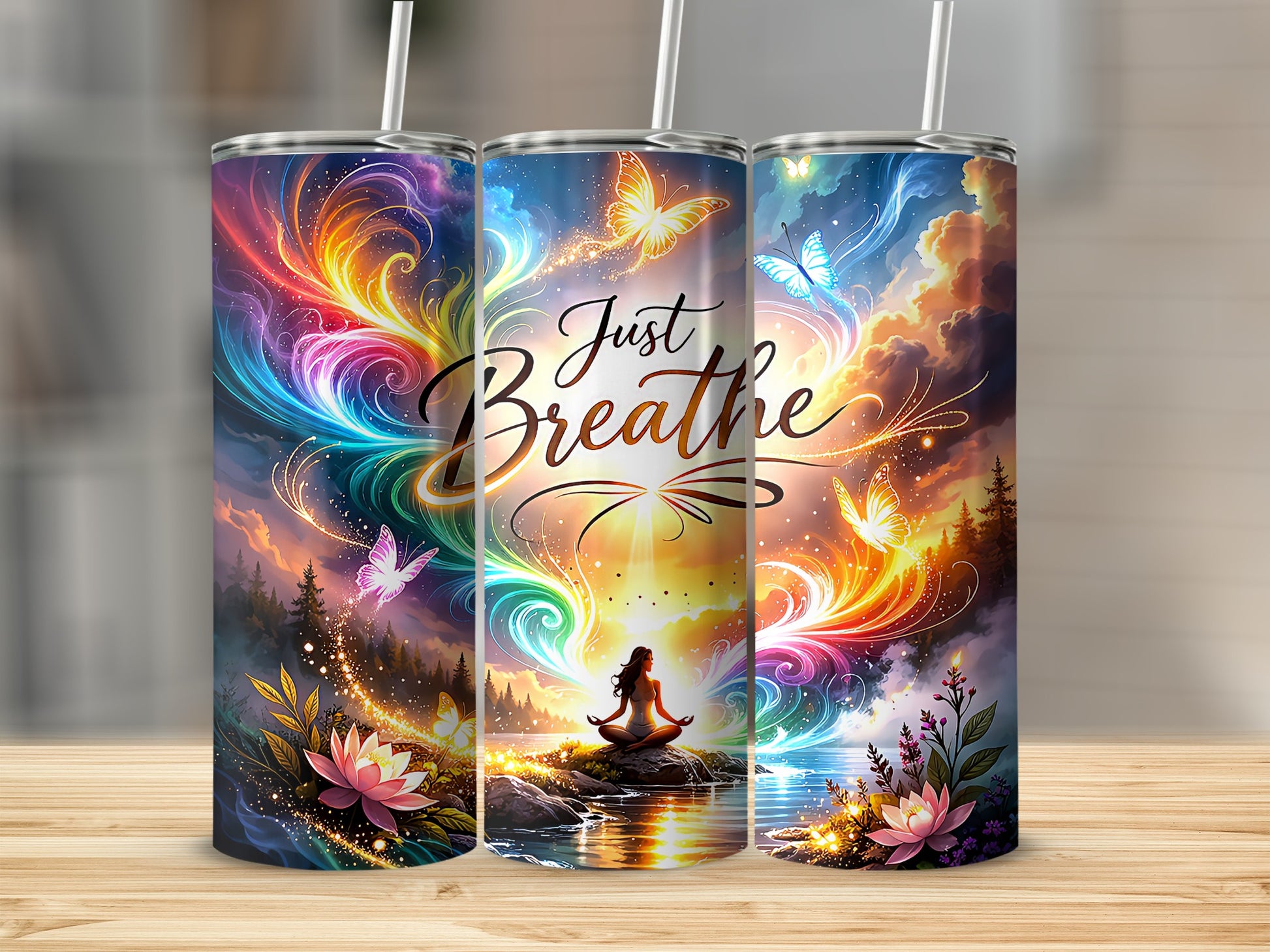 Tumbler with "Just Breathe" text and woman meditating among colorful abstract designs and butterflies.