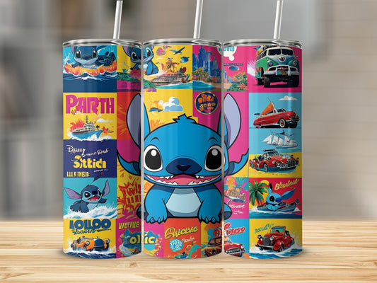 Stitch character on a colorful collage pattern tumbler.