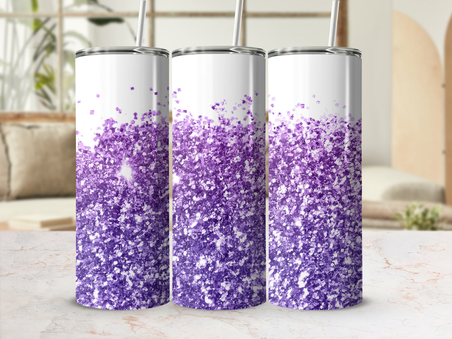 Three tumblers with purple glitter gradient design.