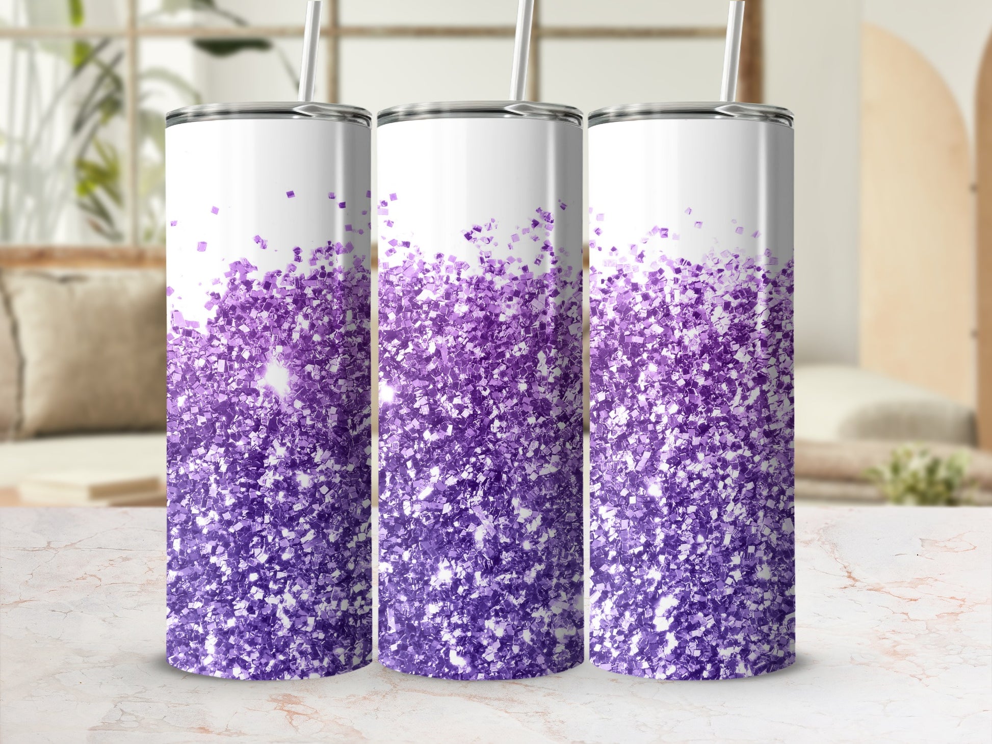 Three tumblers with purple glitter gradient design.