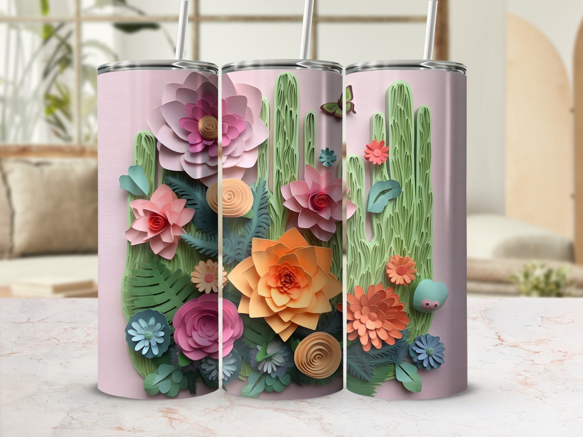 Vibrant Floral and Cactus Unique Design Tumbler