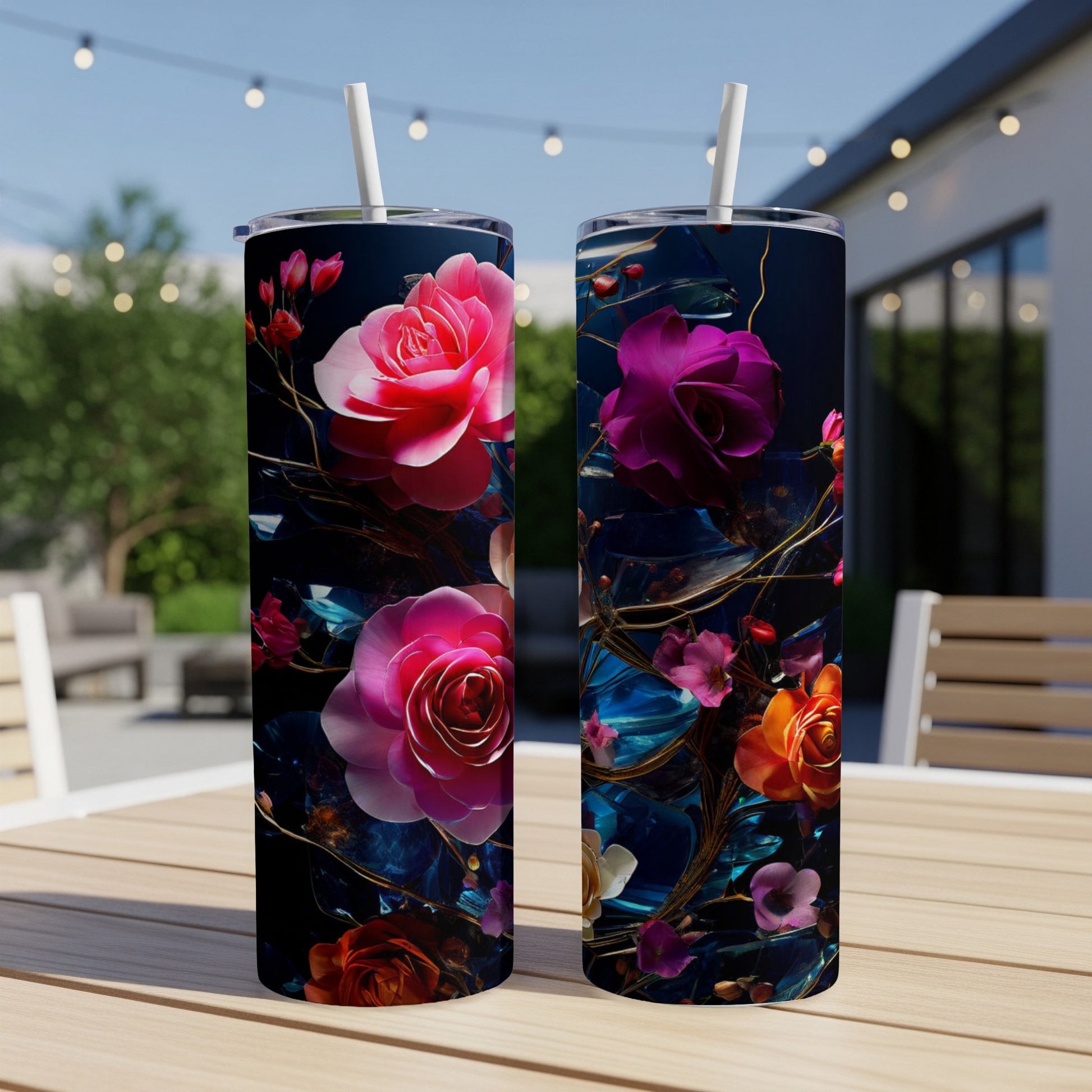 Two dark tumblers with vibrant pink, purple, and orange floral designs.