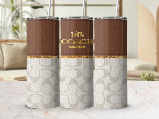 Coach logo tumbler with brown leatherette and tan signature "C" pattern.