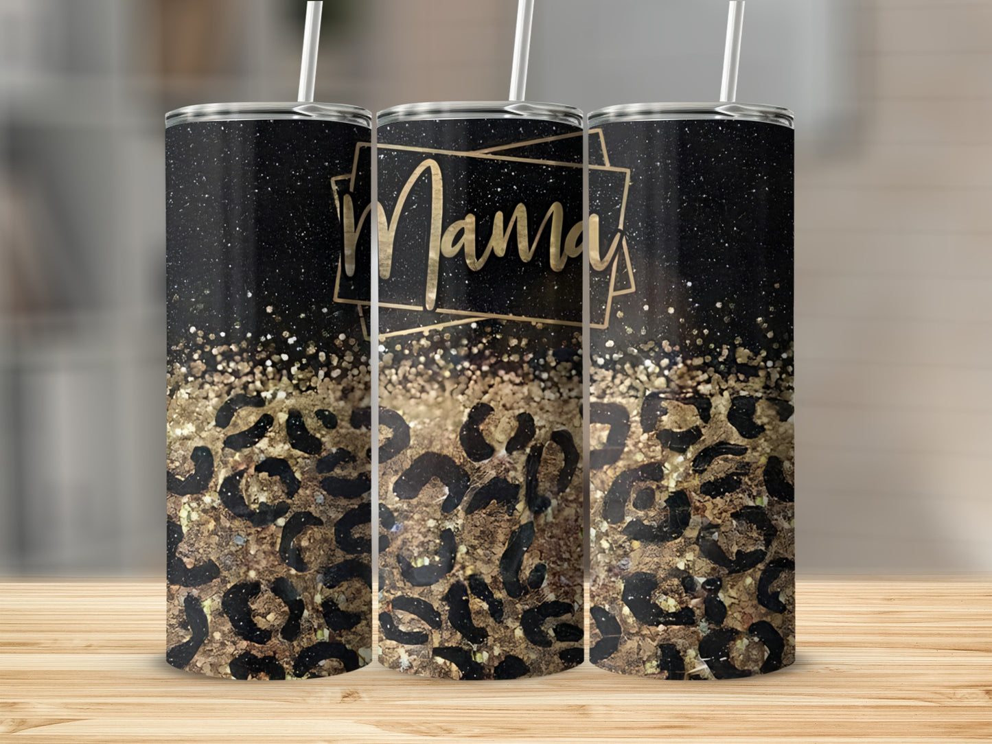 Black and gold glitter Mama tumbler with leopard print.