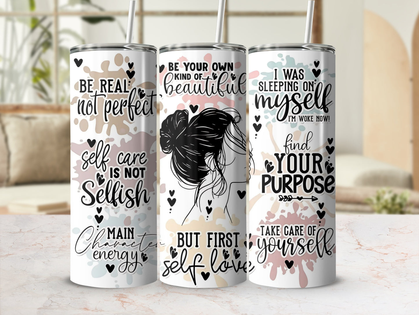 Inspirational Self Care Quotes Tumbler Cup With Straw
