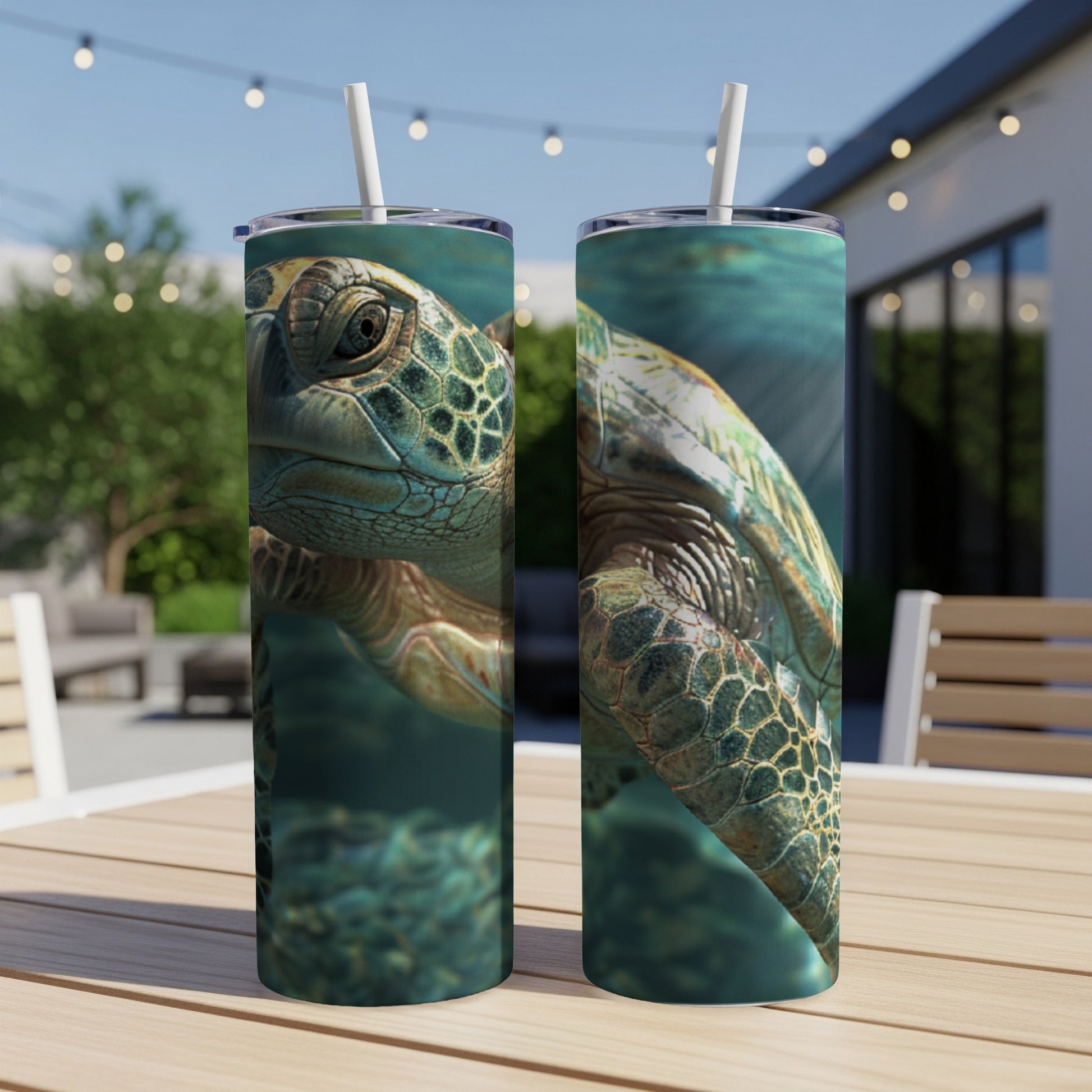 Two tumblers featuring a sea turtle illustration on a wooden table.