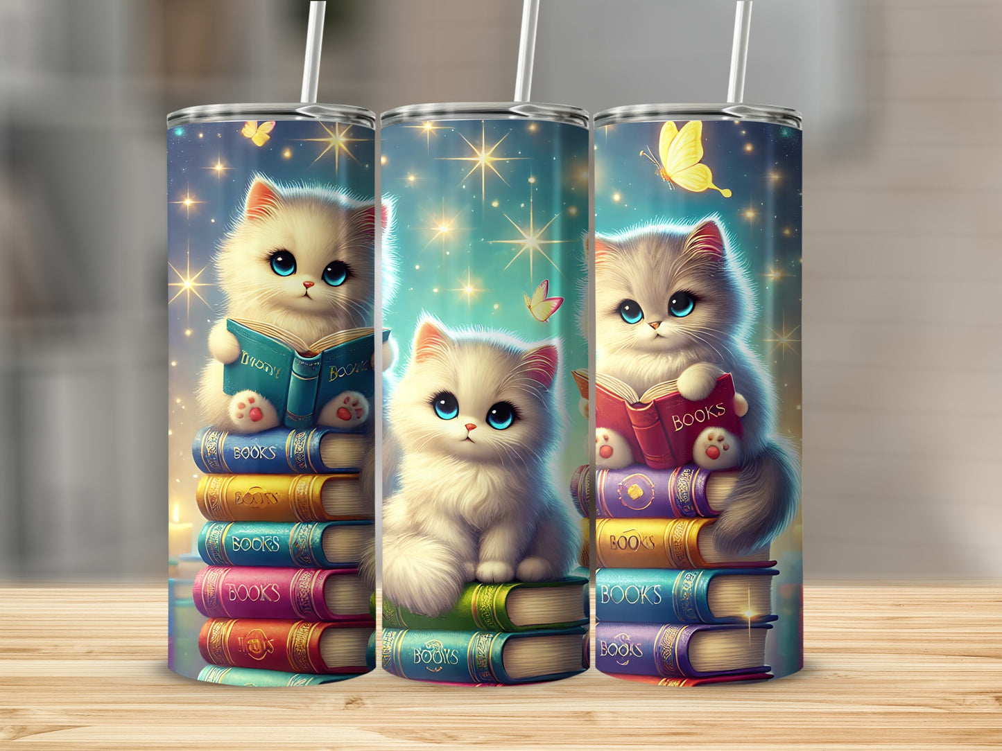 Three kittens sitting on stacks of colorful books, with butterflies and stars.