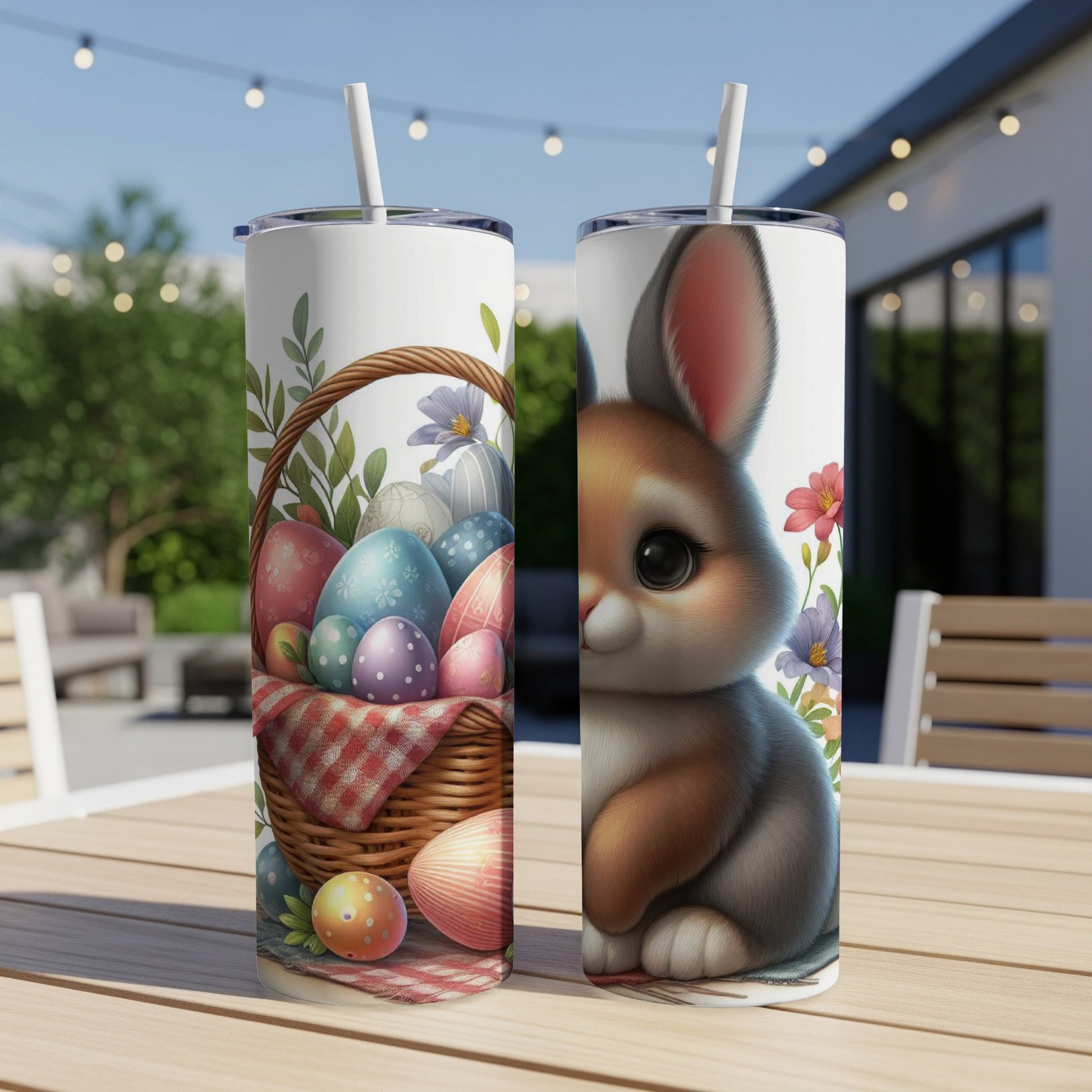 Easter basket with colorful eggs and a cute bunny on a tumbler.