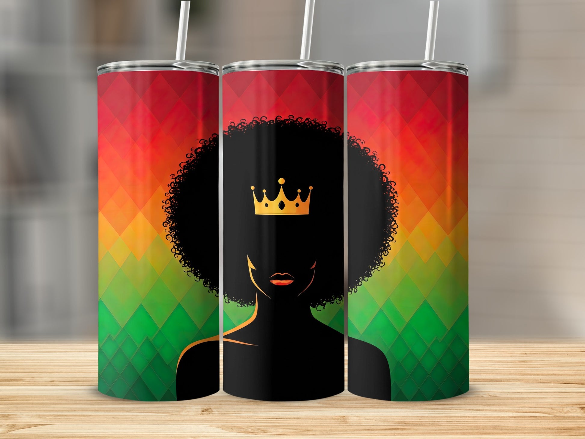 Black queen silhouette with crown on colorful geometric background, three tumblers.