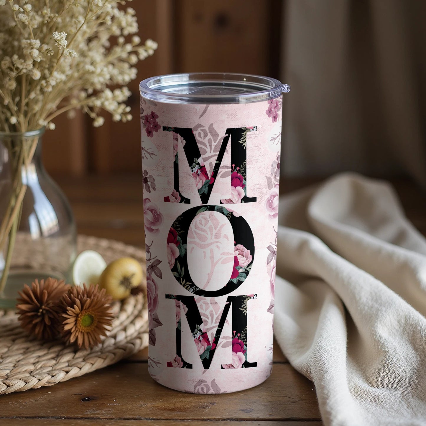 Floral MOM Tumbler with Lid for Mother's Day Gift
