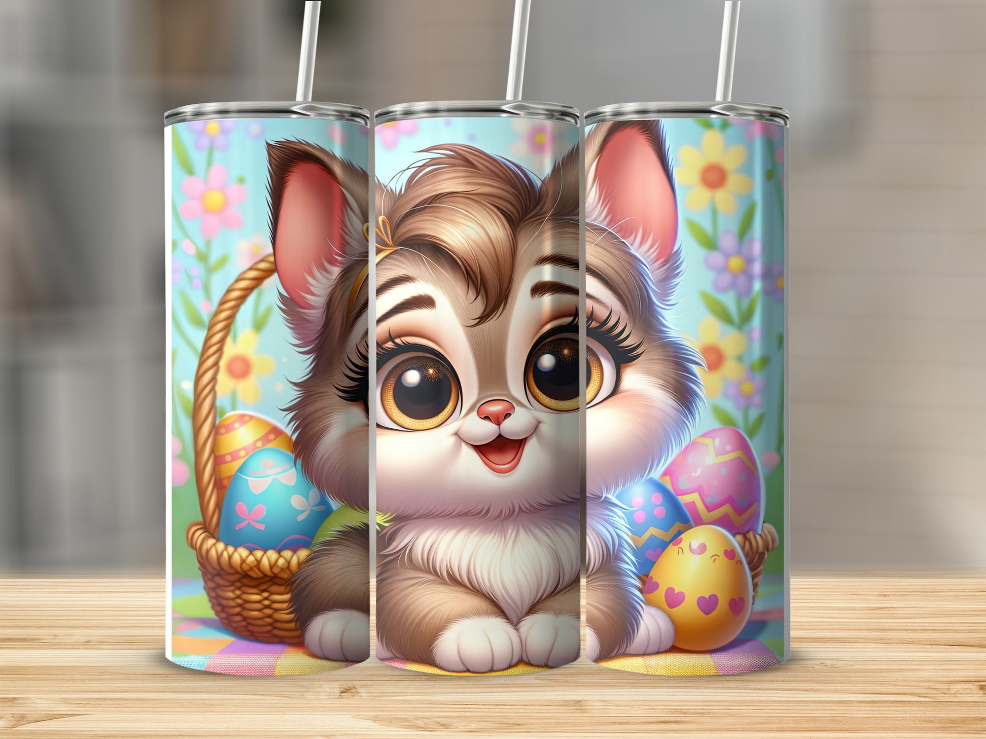Cartoon cat with Easter eggs in a basket, pastel floral background.