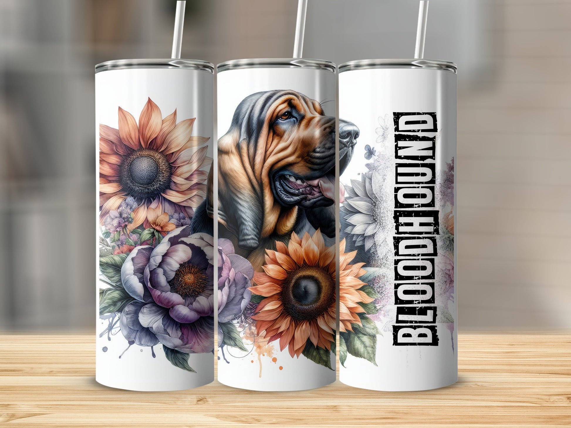 Tumbler with Bloodhound and floral designs.