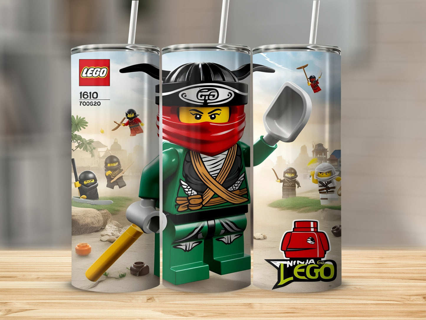 Lego Ninja Go tumbler with characters Kai, Zane, and others.
