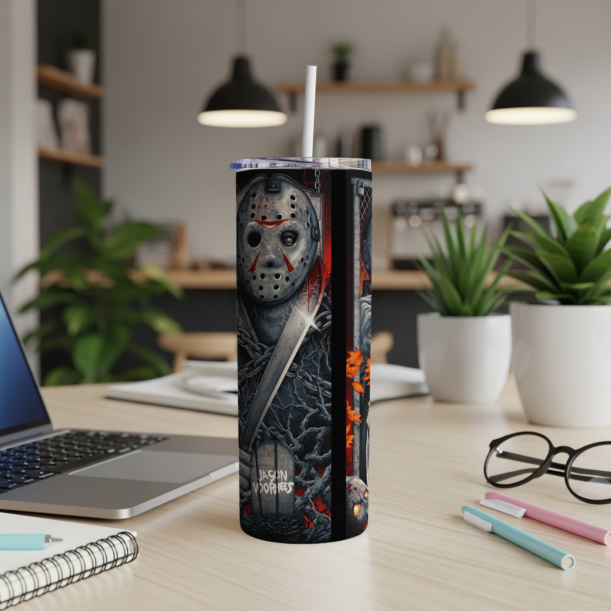 Tumbler featuring Jason Voorhees mask, machete, and tombstone graphic.