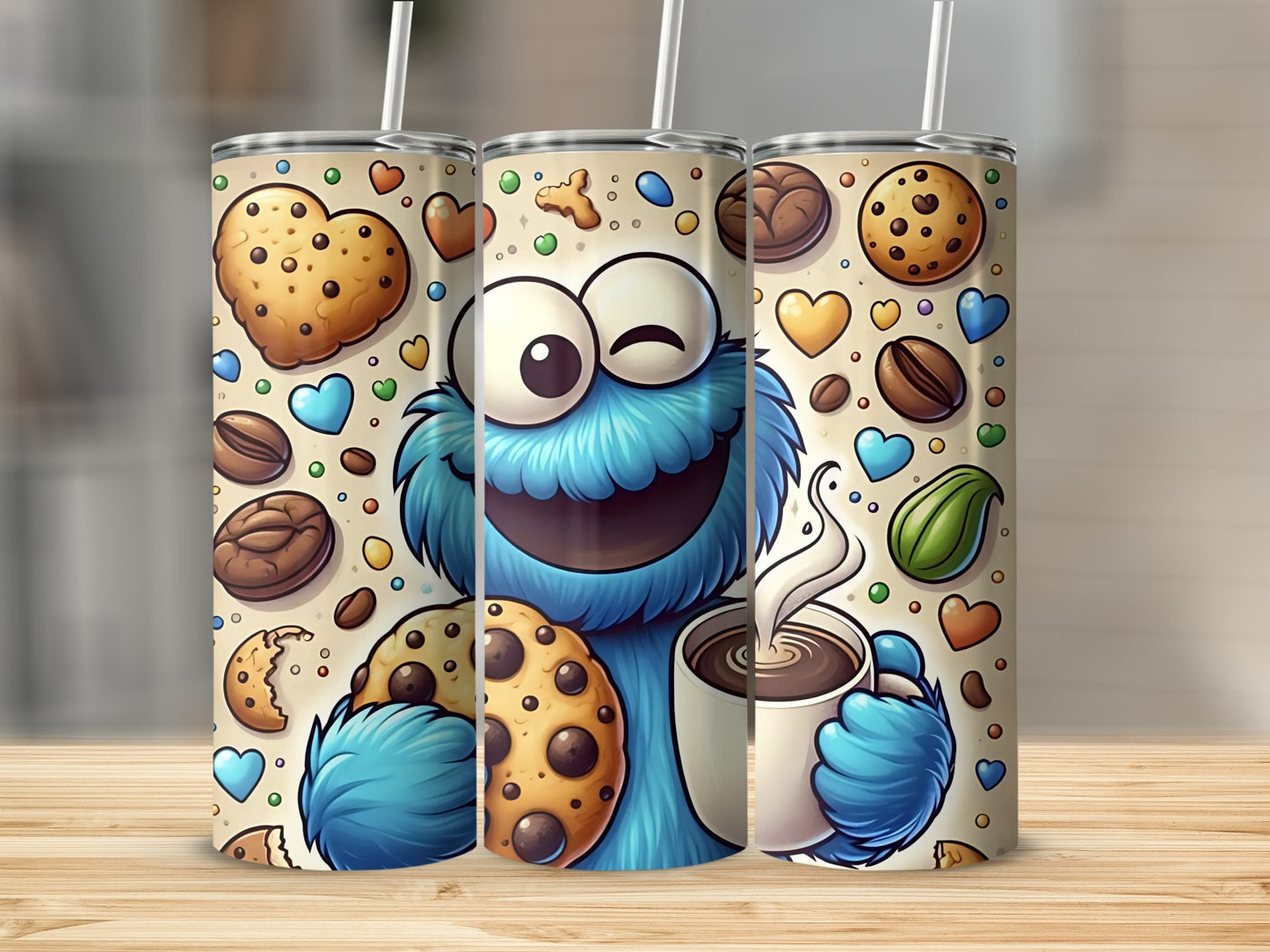 Funny Blue Monster with Cookies and Coffee Tumbler