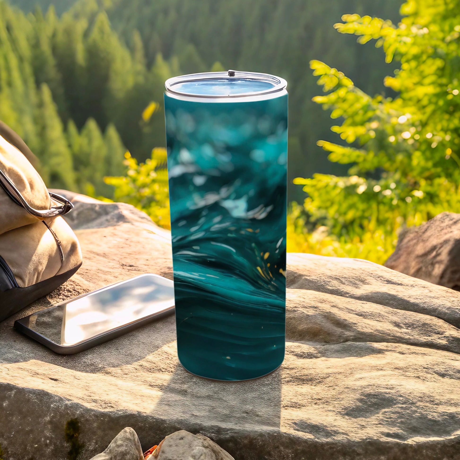 Abstract Teal Wavy Design Travel Tumbler product type