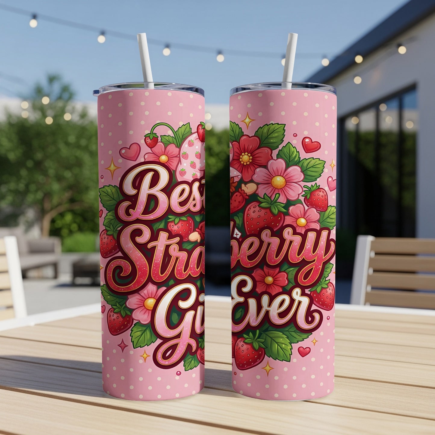 "Best Strawberry Ever" text on pink tumbler with strawberries and flowers.