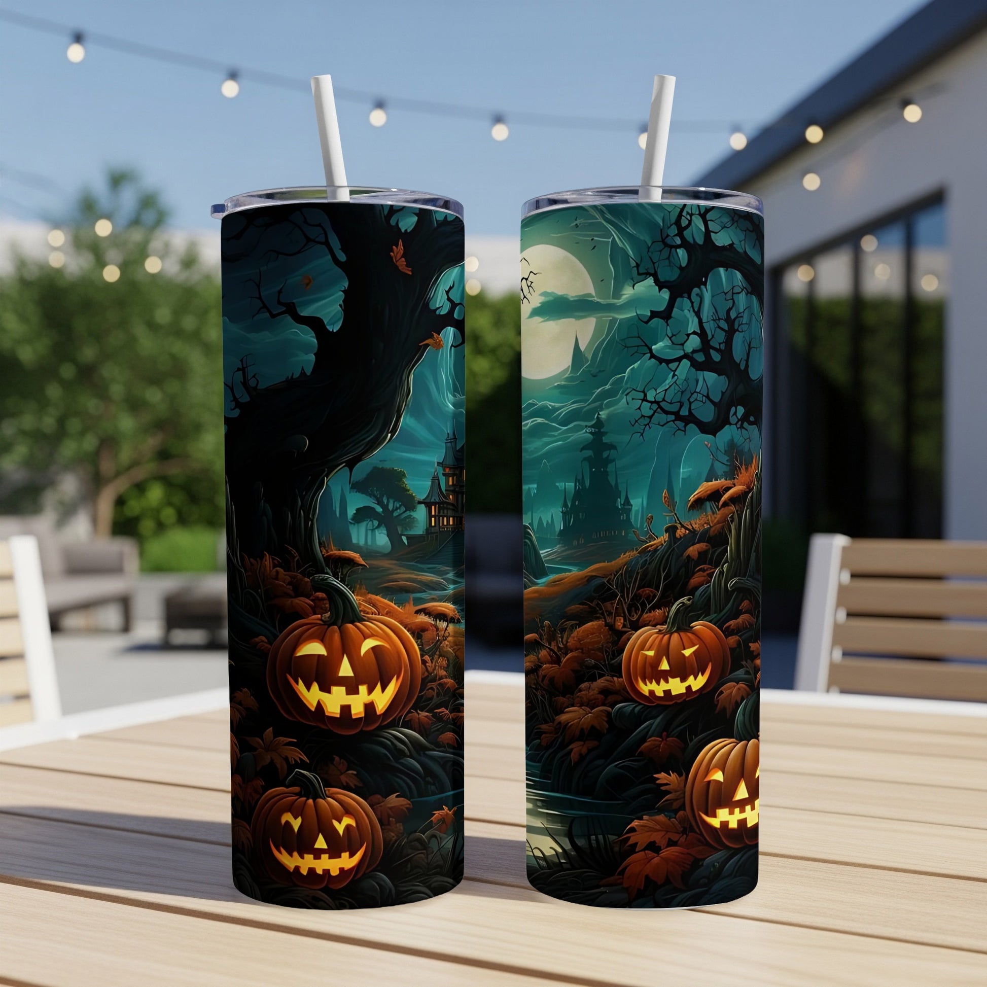 Two tall tumblers with a Halloween-themed design featuring jack-o'-lanterns and a spooky landscape.