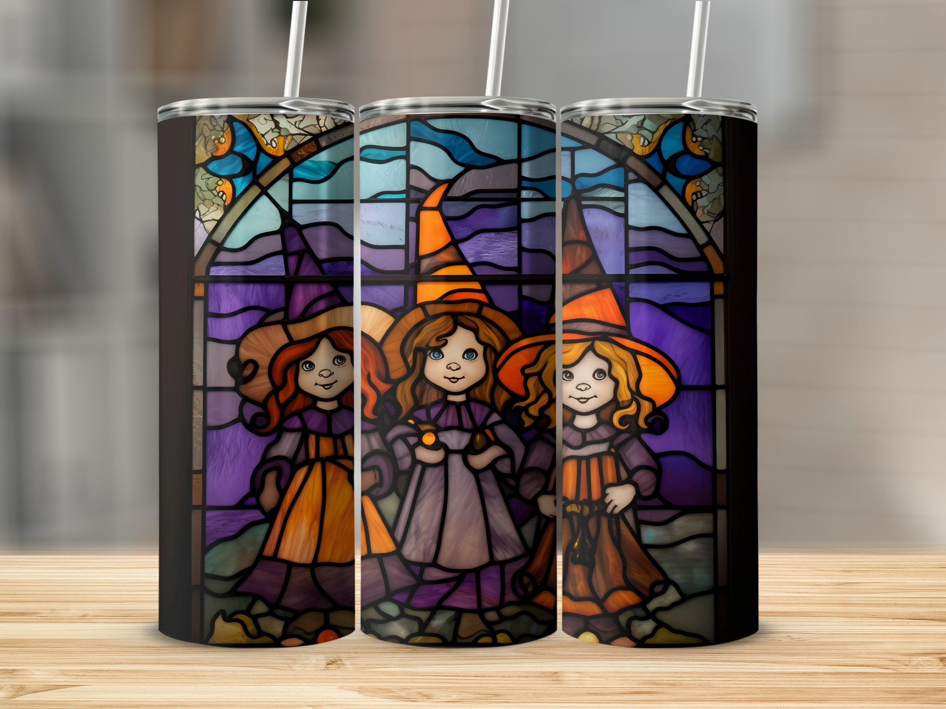 Three cartoon witches in stained glass style, wearing orange hats.