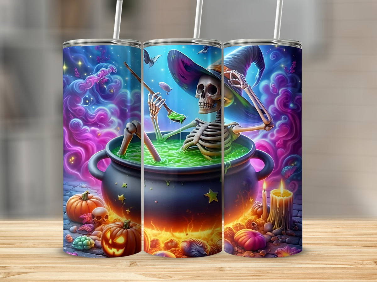 Skeleton stirring a cauldron of green potion with pumpkins, skulls, and candles.