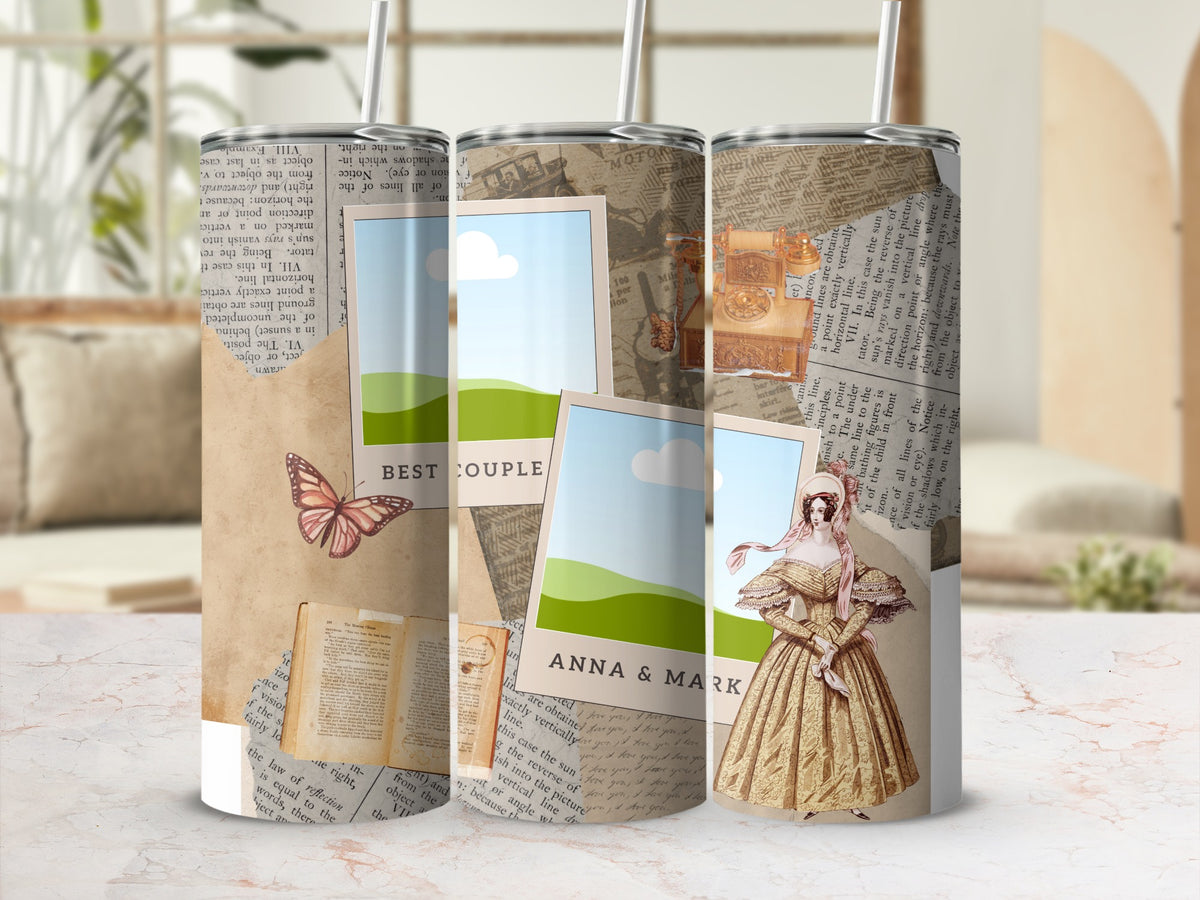 Tumbler with vintage illustrations, photos, and text.