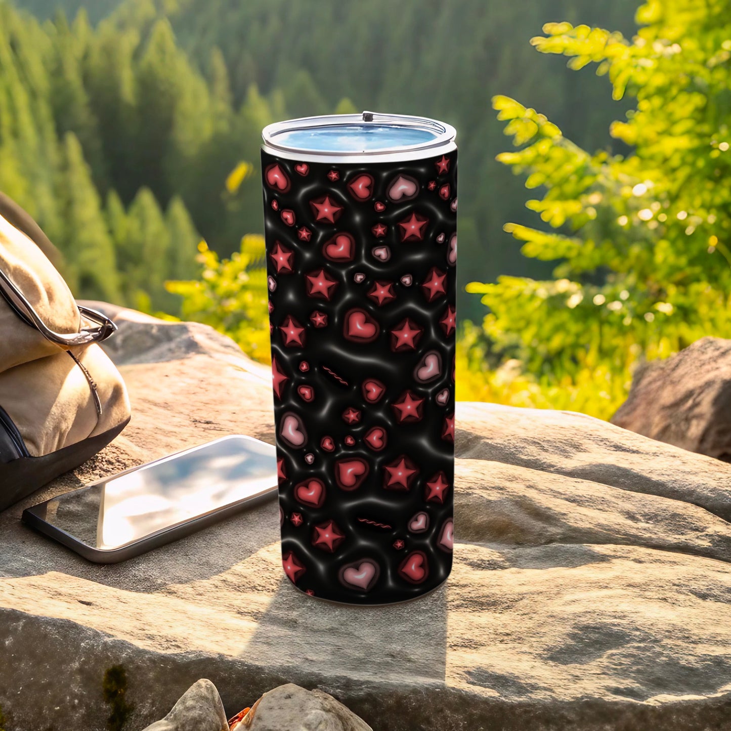 Black Wavy Glossy Hearts Stars Pattern Beverage Tumbler product type