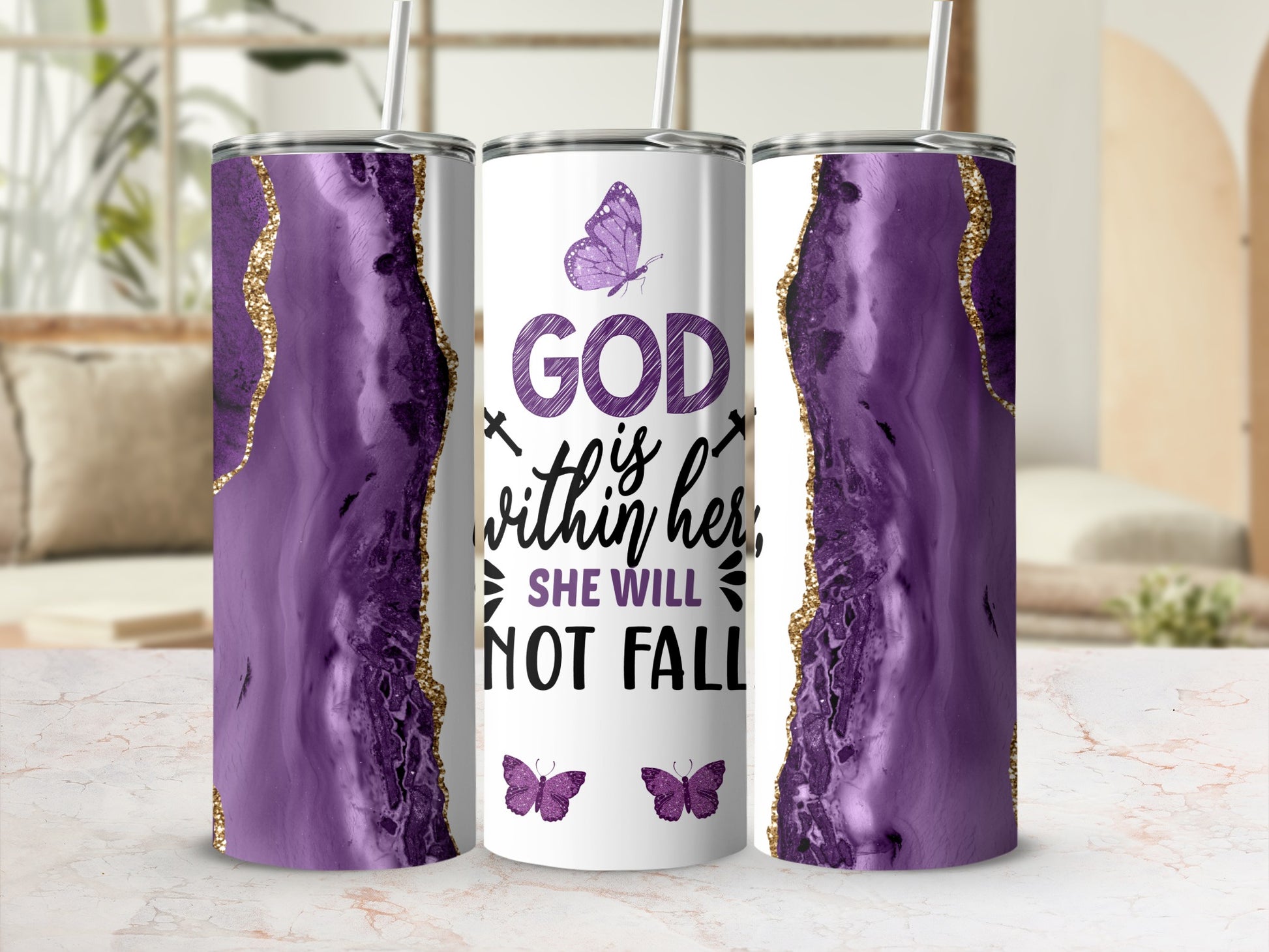 White tumbler with purple agate design, "God is within her, she will not fall" text.