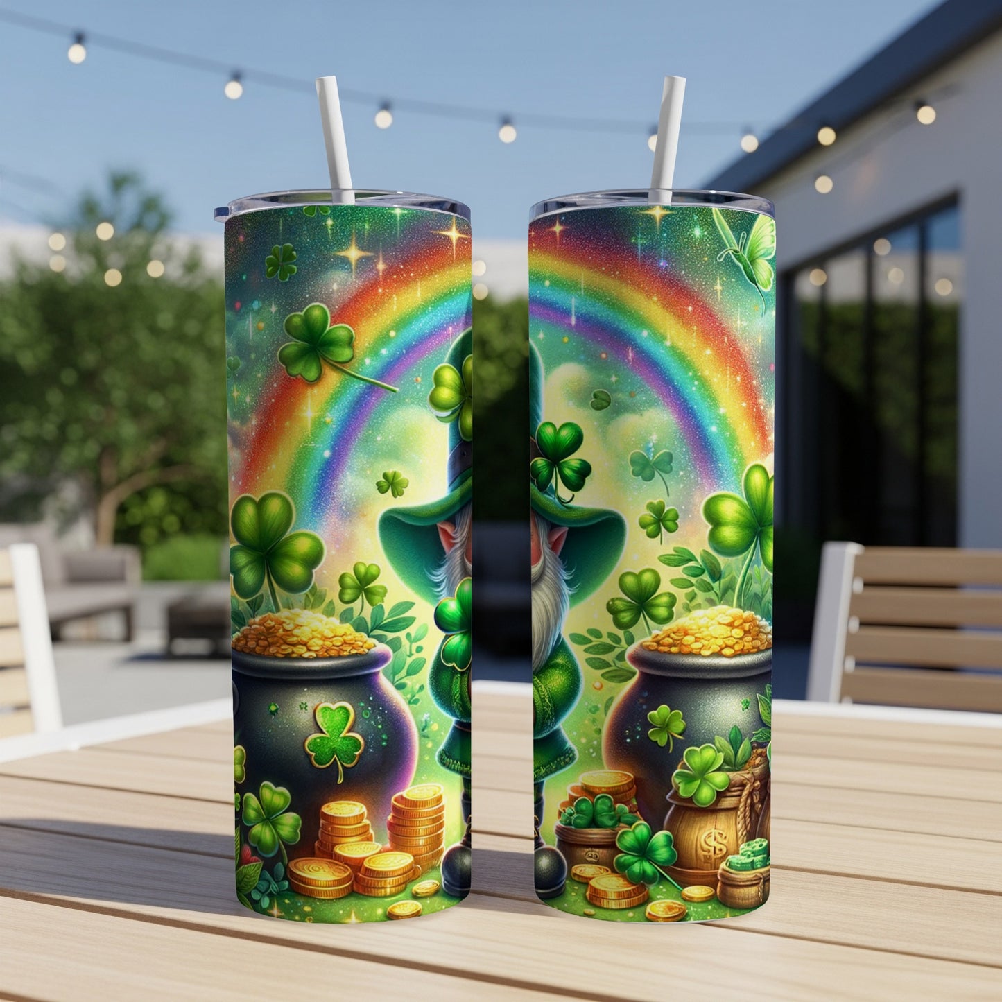 Leprechaun, pot of gold, shamrocks, and rainbow on festive St. Patrick's Day tumblers.