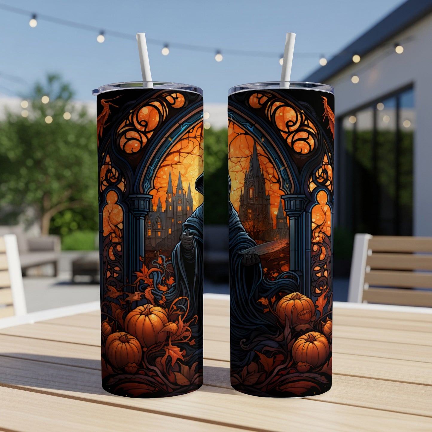 Two tumblers with a gothic Halloween design of a cloaked figure and pumpkins.