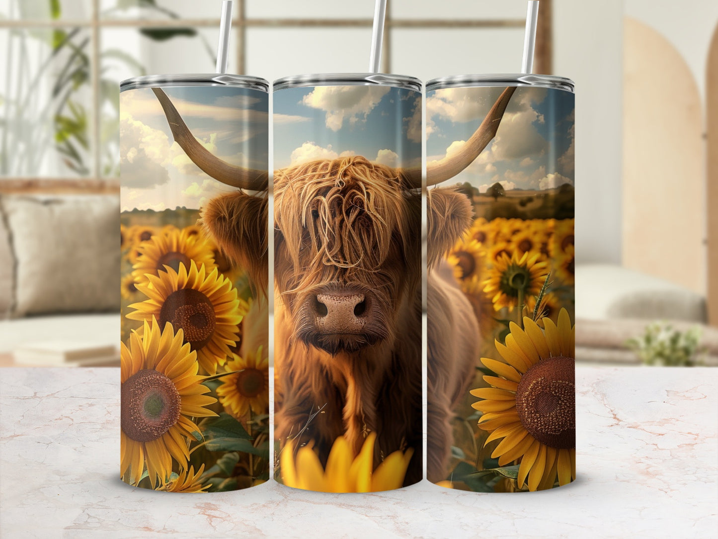 Highland cow and sunflowers on a tumbler.