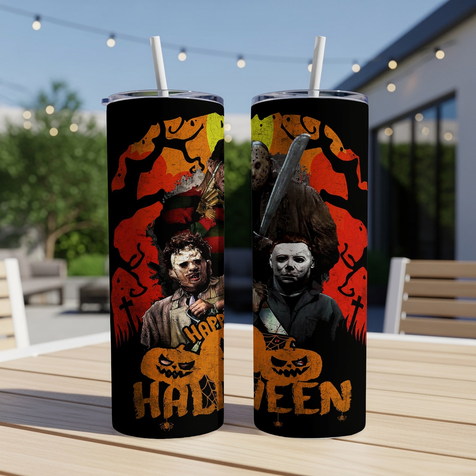 Two tumblers with horror movie villains and Halloween pumpkins.
