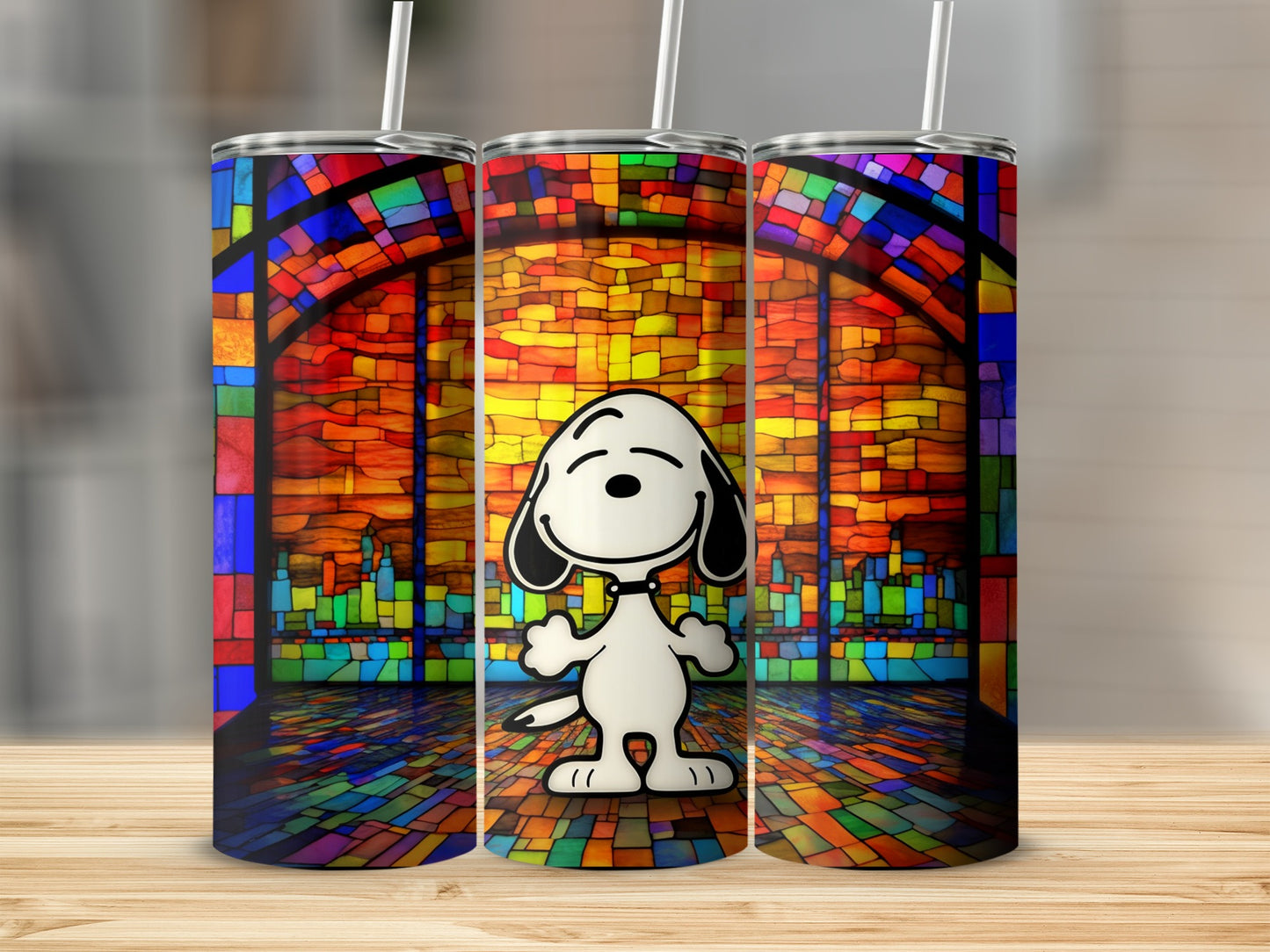 Colorful Stained Glass Snoopy Design Tumbler Cup