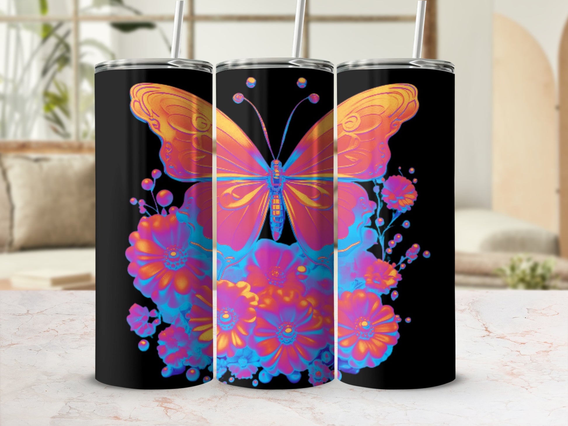 Black tumbler with a vibrant butterfly and floral design.