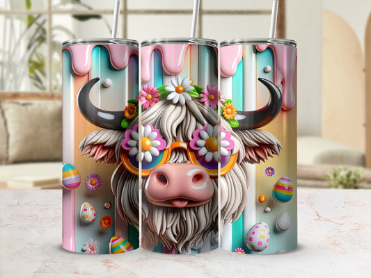 Tumbling highland cow with colorful Easter eggs and flowers on sunglasses.
