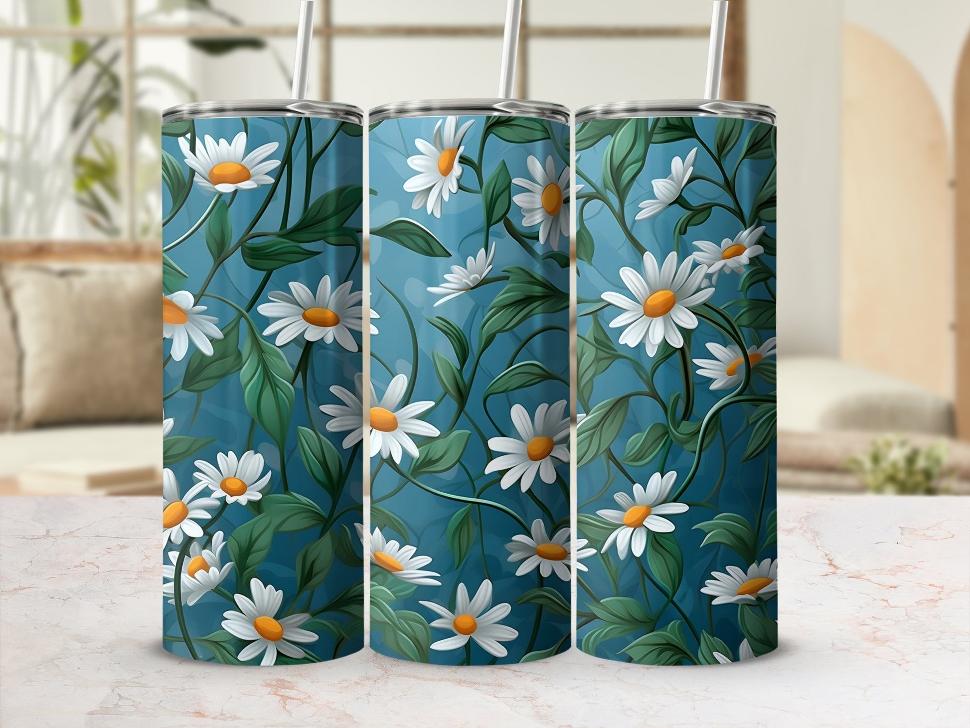 Three tumblers with a white daisy and green leaf pattern on a teal background.